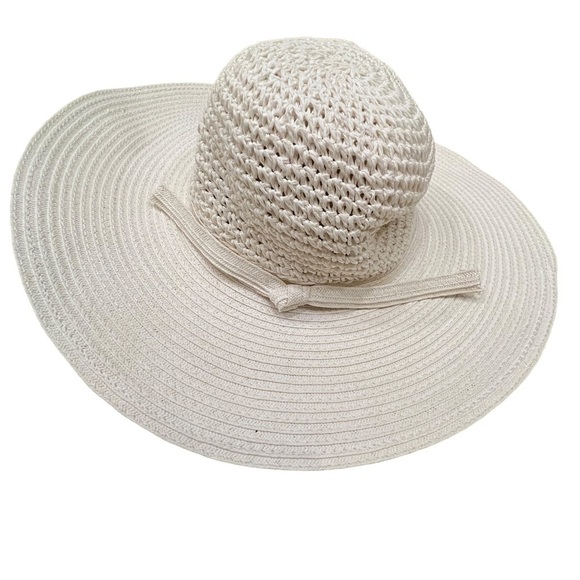 𝅺Woven Ivory Wide Brimmed Floppy Travel Vacation Pool Beach Summer Hat - Picture 9 of 10